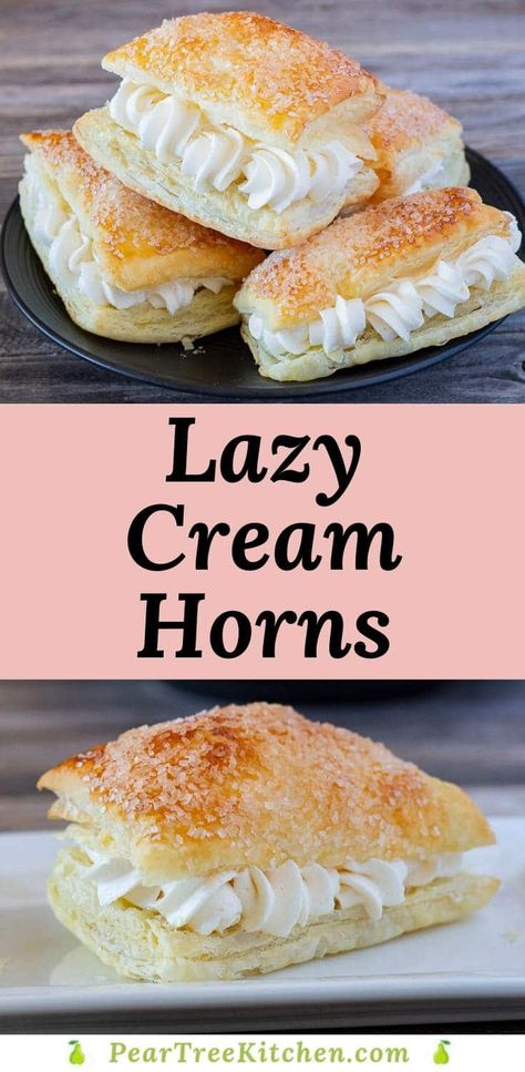 Cream Horn Filling, Cream Horns Recipe, Baked Puff Pastry, Cream Horn, Pastries Recipes Dessert, Pepperidge Farm Puff Pastry, Marshmallow Buttercream, Puff Pastry Filling, Cream Horns