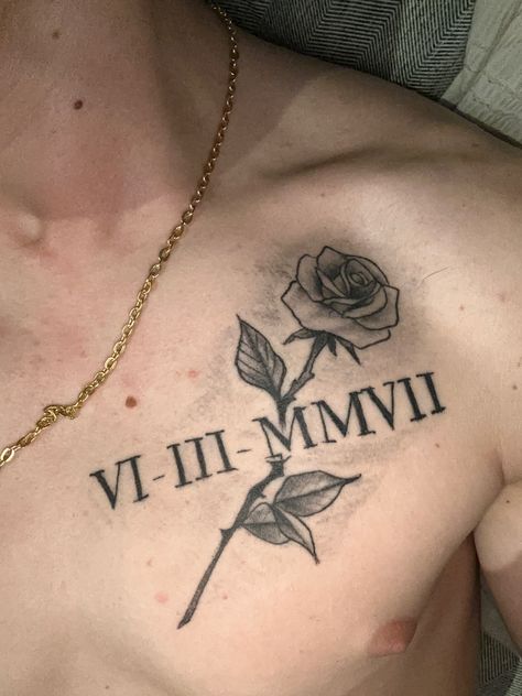 Rose Chest Tattoo Men, Rose Tattoo Men Chest, Rose Tattoo In Middle Of Chest, Roses Chest Tattoo, Justin Bieber Rose Tattoo Neck, Chest Tattoo Men Ideas, Typographic Tattoo, Band Tattoos, Rose Tattoos For Men