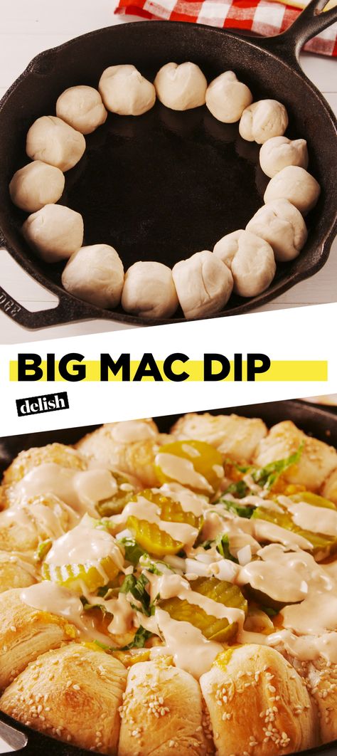 McDonald's fans, this Big Mac Dip will be the star of EVERY party. Get the recipe at Delish.com. #recipe #easy #easyrecipe #dip #appetizer #party #partyfood #partyideas #bigmac #cheese #pickles #mcdonalds Big Mac Appetizer, Big Mac Dip Recipe, Big Mac Dip, Fathead Bread, Cheese Pickles, Appetizer Party, Healthy Superbowl Snacks, Favorite Appetizers, Football Food