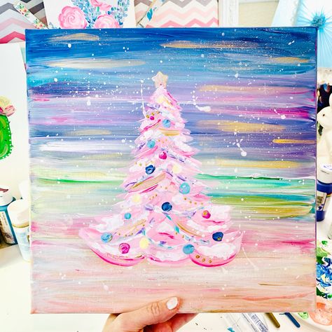 Pink Christmas Tree Painting, Pink Christmas Diy, Whimsical Christmas Art, Diy Christmas Canvas, Cute Easy Paintings, Peace Christmas, Xmas Art, Christmas Paintings On Canvas, Preppy Christmas