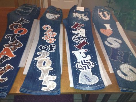 Homecoming spirit jeans created by Rebecca Cherry Homecoming Jeans Ideas, Senior Painted Jeans, Spirit Jeans, Big Homecoming Mums, Unique Homecoming Mums, Homecoming Spirit Week, Dress Up Storage, Homecoming Spirit, Homecoming Garter