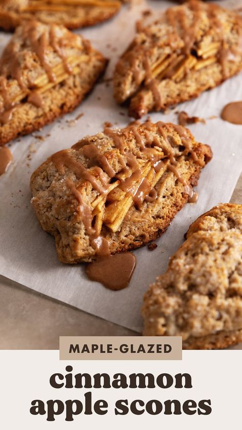 These soft and crumbly cinnamon apple scones are stuffed with tender apple slices and topped with a maple cinnamon glaze. They're the perfect Fall breakfast or snack to bake ahead of time! #fallbaking #applescones #scones | teakandthyme.com Scone Flavor Ideas, Healthy Scones Recipe, Cinnamon Apple Scones, Scone Flavors, Bake Ahead, Matcha Scones, Cinnamon Scones Recipe, Healthy Scones, Apple Scones