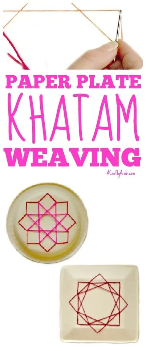 You can turn a leftover square paper plate into a fun yarn weaving craft. To compliment the square design of the plate, you can weave a khatam (Arabic for eight point star), shape on it. Teaching Diversity, Eight Point Star, Muslim Parenting, Yarn Tutorials, Weaving Craft, Moon Projects, Yarn Weaving, Identity Project, Ramadan Lantern