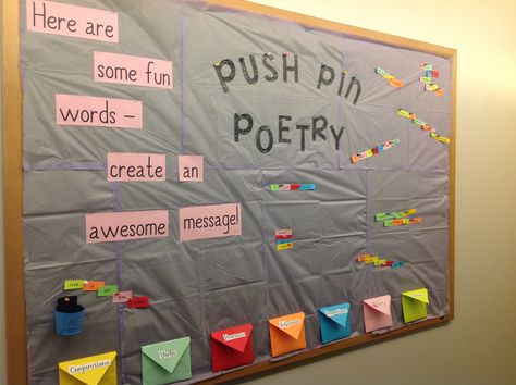 "Push Pin Poetry" - I wrote down a bunch of different words from all the parts of speech and put them in the envelopes at the bottom of the board with a little bucket of push pins. Students could create messages, poems, etc. with the words and pin them up! March Bulletin Board Parts Of Speech Bulletin Boards, Poetry Bulletin Board Ideas, Language Arts Bulletin Boards, Poetry Bulletin Board, Poetry Event, Poetry Crafts, Ra Programs, Rez Life, Poetry Club