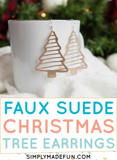 Easily cut faux suede material with your Silhouette Cameo machine to make these Christmas tree earrings! Learn what cut settings work best on faux leather and how to get your Silhouette blade to cut through the material the first time. Then download the free SVG template to make your own! This is an easy DIY tutorial and is the perfect how to craft for beginners. | simplymadefun.com #fauxleatherearrings #fauxleather #diyearrings #diyjewelry Silhouette Cameo Earrings, Earrings Cricut, Craft For Beginners, Cameo Crafts, Suede Jewelry, Christmas Crafts For Kids To Make, Silhouette Tutorials, Silhouette Cameo Machine, Tree Earrings