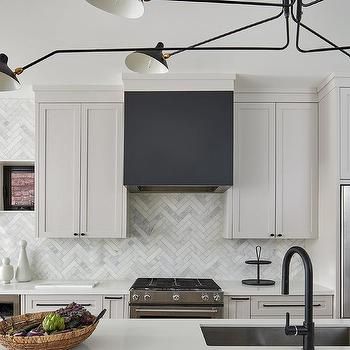 Dome Kitchen, Marble Herringbone Tile, Gray Shaker Cabinets, Herringbone Tile Backsplash, Marble Herringbone, Herringbone Backsplash, Kitchen Range Hood, Herringbone Tile, Kitchen Hoods