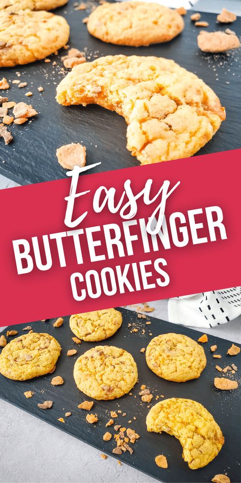 These Butterfinger Cookies have the perfect crisp to chewiness ratio. You'll never believe this recipe only uses 4 ingredients! Butterfinger Cake Mix Cookies, Butterfinger Cake, Butterfinger Cookies, Cake Mix Brownies, Butterfinger Candy, Choco Chip Cookies, Recipes Cupcakes, Peanut Butter Candy, The Best Dessert Recipes