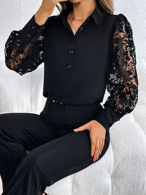 Black Elegant Collar Long Sleeve Woven Fabric Plain Shirt Embellished Non-Stretch  Women Clothing Lantern Sleeve Shirt, Lace Lanterns, Black Lace Shirt, Corset Dress Prom, Sleeves Ideas, Plain Shirt, Professional Attire, Women Formals, Plain Shirts