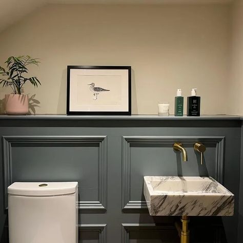 Farrow and Ball De Nimes 299 bathroom De Nimes Bathroom Farrow And Ball, Farrow And Ball Downpipe Bathroom, Farrow And Ball De Nimes Bathroom, Farrow And Ball Pigeon Bathroom, Farrow And Ball Green Bathroom, De Nimes Hallway, Farrow And Ball Bathroom Ideas, De Nimes Bathroom, Hopper Head Farrow And Ball