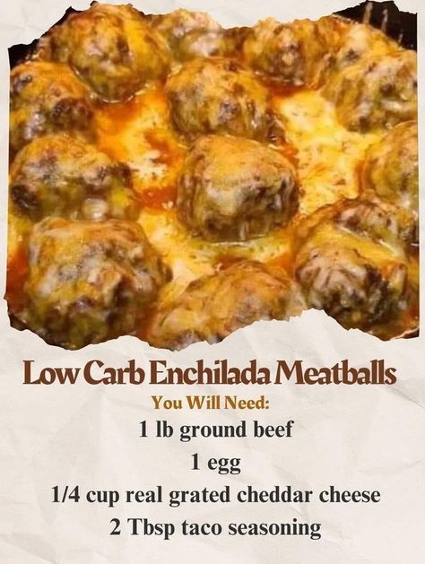 paula Deen lovers 🍟🍔🥣 | Low Carb Enchilada Meatballs | Facebook Low Carb Enchilada Meatballs, Emeals Low Carb Recipes, Enchilada Meatballs, My Heavenly Recipes, Shape Reclaimed, Low Carb Enchiladas, Beef Enchilada Recipe, Stuffed Meatballs, Heavenly Recipes