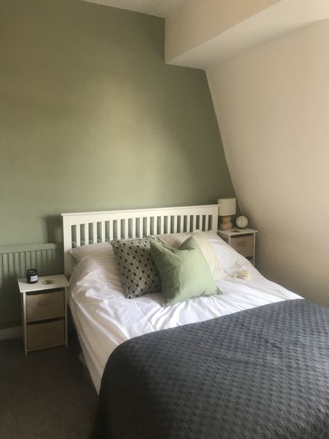 Sage green feature wall (using B&Q Limerick paint) B&q Limerick Paint, Good Home Limerick Paint, Bedroom Wall Colors Green, Limerick Paint, Sage Green Feature Wall Bedroom, Sage Green Feature Wall, Green Feature Wall Bedroom, White And Sage Green Bedroom, Blue Feature Wall Living Room