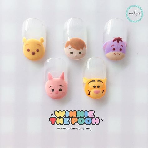 Piglet Nails Winnie The Pooh, Eeyore Nail Art, Tsum Tsum Nails, Piglet Nail Art, Winnie Pooh Nails, Piglet Nails, Eeyore Nails, Winnie The Pooh Nail Art, Pooh Nail Art