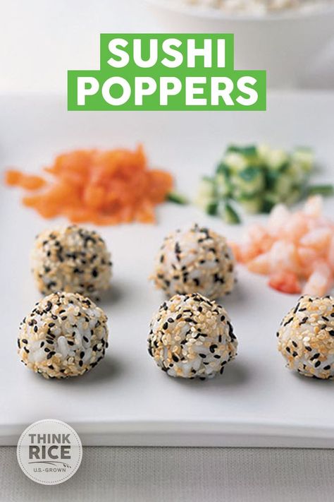 Rolled with freshly cooked U.S.-grown short grain rice, and filled with mango, smoked salmon, wasabi peas, tuna, cucumber, shrimp, and wasabi. Sushi Poppers, Sushi Recipes Homemade, Sushi Roll Recipes, Homemade Sushi, Sushi Recipes, Recipe Details, What To Make, Meal Planner, Appetizer Snacks