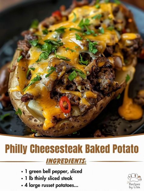 Philly Cheesesteak Baked Potato – fitnessnip Philly Cheesesteak Salad, Philly Cheese Steak Baked Potato, Cheesesteak Baked Potato, Simple Baked Potato, Health Chicken Recipes, Steak And Baked Potato, Potato Sandwich, Sauteed Peppers And Onions, Philly Steak