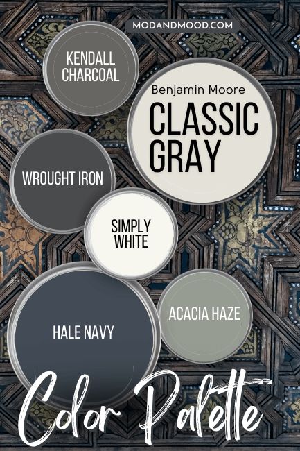 Classic Gray color palette features Classic Gray, Kendall Charcoal, Hale Navy, Wrought Iron, Acacia Haze, and Simply White, all on paint lids over a background of an elaborate multi-toned parquet floor. Benjamin Moore Classic Gray Color Palette, Classic Grey Color Palette, Classic Gray Benjamin Moore Color Scheme, Classic Grey Coordinating Colors, Gauntlet Gray Color Palette, Gray Color Palette For House, Grey Bathroom Accent Colors, Benjamin Moore Color Pallets, Classic Gray Coordinating Colors