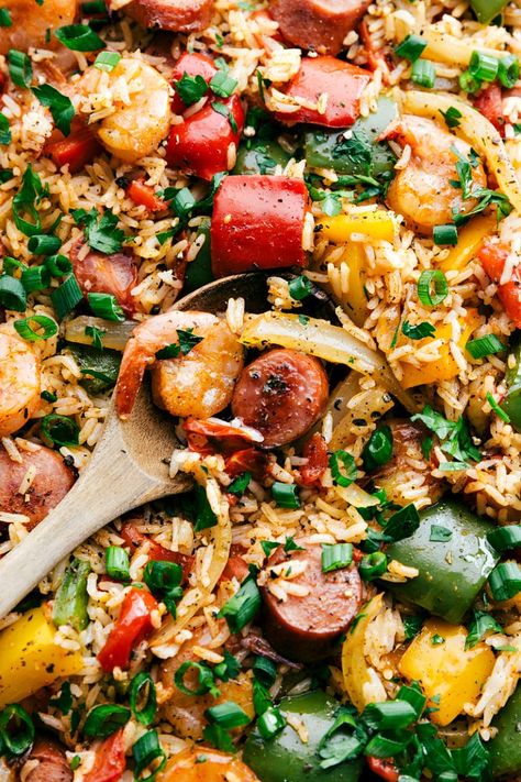 One Pan Jambalaya | Chelsea's Messy Apron Recipes One Pot, Seafood Pasta Salad Recipe, Seafood Pasta Salad, Veggies And Rice, Sausage Shrimp, Seafood Salad Pasta, Chelsea's Messy Apron, 30 Minute Meals Easy, Seasoned Veggies