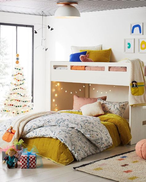 Crate and Kids on Instagram: “Merry modern bedrooms make the season extra bright. ✨Design tip: Add twinkle lights around their Abridged Bunk Beds for endless starry…” Rolling Bed, Jenny Lind Bed, Beds For Small Spaces, Holiday Furniture, Flannel Duvet Cover, Loft Bed Frame, Twin Over Full Bunk Bed, Full Bunk Bed, Twin Loft Bed