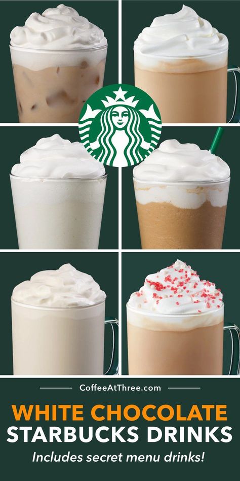 Your complete guide to all the delicious white chocolate mocha drinks at Starbucks, including secret menu items! #starbucks #starbuckssecretmenu #whitechocolate #whitemocha #coffeedrinks Starbucks Drinks With White Mocha, Starbucks Raspberry White Mocha, Starbucks Recipes White Chocolate Mocha, Starbucks Drinks White Chocolate Mocha, Copycat Starbucks White Chocolate Mocha, Starbucks White Chocolate Mocha Recipe Hot, Starbucks White Mocha Iced Coffee, Hot White Chocolate Mocha Recipe, White Chocolate Mocha Starbucks Order