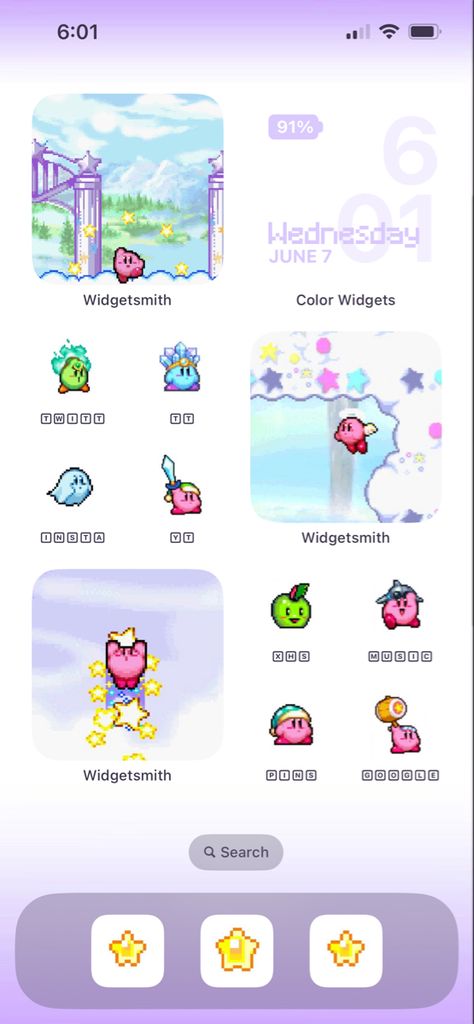 kirby theme 1/2 (theme by; ^_−☆) Kirby Homescreen Layout, Kirby Homescreen, Pixel Kirby, Homescreen Wallpaper Iphone, Lockscreen Ios, Mobile App Icon, Phone Layouts, Ios Layout, Ios Homescreen