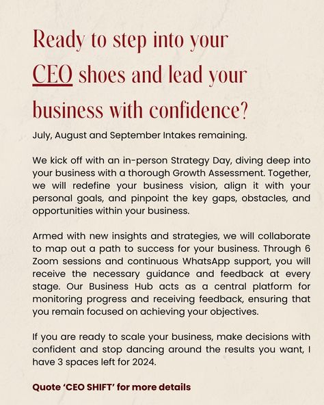 The only 2 ways to work with me... The CEO Shift; 1:1 Consulting support for business owners looking to scale their business. My highest level of strategic support, get my eyes all up in every inch of your business so I can find your strategic gaps and opportunities that we can leverage to increase your profits, build the business you've been dreaming of and support you as you step into the CEO you know you are ready to be. 1 x July Start 1 x August Start 1 x September Start (Limited 2025 ... How To Be A Ceo, Work With Me, You've Been, Business Owners, My Eyes, To Work, How To Apply, I Can, Quick Saves