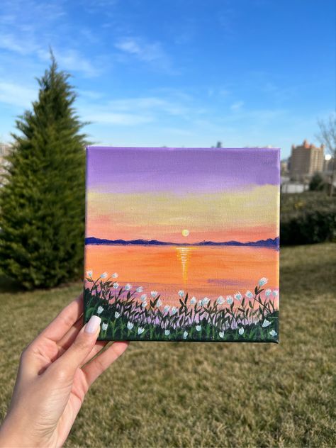 Sunset Small Canvas, Peaceful Canvas Painting Ideas, Sunset Painting Acrylic Step By Step, Sunset With Flowers Painting, Canvas Painting Ideas Sunset, Sunset Painting Aesthetic, Small Sunset Painting, Scenery Painting Canvas, Canvas Painting Scenery