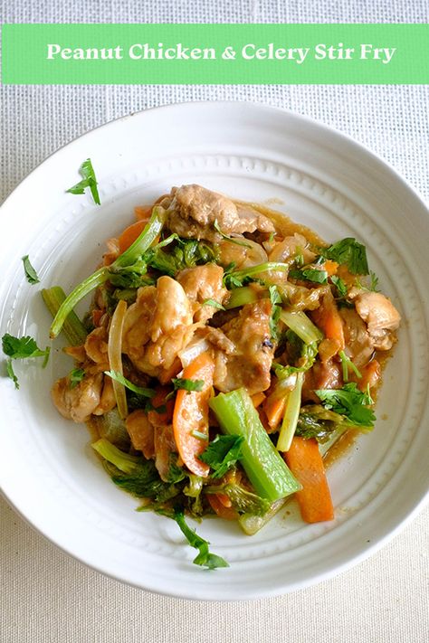 Round plate with chicken stir fry with celery and carrots in a peanut sauce. Peanut Chicken Stir Fry, Celery Recipes, Peanut Chicken, Chicken Stir Fry, Peanut Sauce, Meal Prep For The Week, Easy Chicken, Easy Chicken Recipes, Meals For The Week