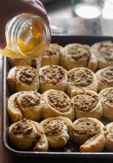 Baklava Cinnamon Rolls - Cooking for Keeps Pistachio Baklava, Sticky Buns Recipes, Holiday Bread, For Keeps, Homemade Dough, Cobbler Recipe, Peach Cobbler Recipe, Sticky Buns, Sweet Rolls