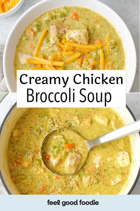 This Chicken Broccoli Soup takes a classic broccoli and cheese soup and adds some extra protein! Loaded with veggies and chicken in a creamy and cheesy base, this broccoli cheese soup with chicken is so good. It’s so easy to make, too, using just one pot for easy clean-up. Cheesy Chicken And Broccoli Soup, Lightened Up Broccoli Cheese Soup, Cream Of Chicken Broccoli Soup, Chicken Broccoli Cheese Soup Crockpot, Healthy Chicken Broccoli Soup, Crockpot Chicken And Broccoli Soup, Chicken Broccoli Soup Recipes, Broccoli Cheese Soup With Chicken, Chicken Broccoli Cheese Soup