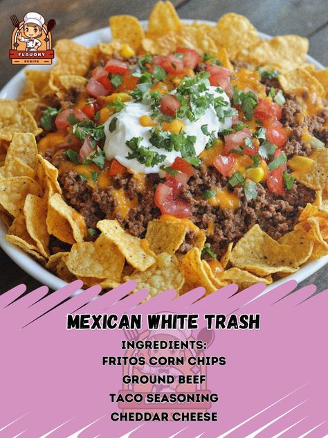 🌮🍹 Try our Mexican White Trash for a quirky, tasty treat! 🌟✨ #FunRecipes #SnackTime Mexican White Trash Ingredients: Fritos corn chips (1 bag) Ground beef (1 lb) Taco seasoning (1 packet) Shredded cheddar cheese (2 cups) Diced tomatoes (1 cup) Shredded lettuce (1 cup) Sour cream (1 cup) Salsa (1 cup) Instructions: Cook ground beef in a skillet until browned. Add taco seasoning and cook as directed. Spread Fritos on a large serving platter. Top with seasoned beef, cheese, tomatoes, lettuce... Mexican White Trash Casserole, Mexican White Trash Recipe, White Trash Recipe, Ground Beef Taco Seasoning, Fritos Corn Chips, Shredded Cheddar Cheese, Daily Recipes, Shredded Lettuce, Diced Tomatoes