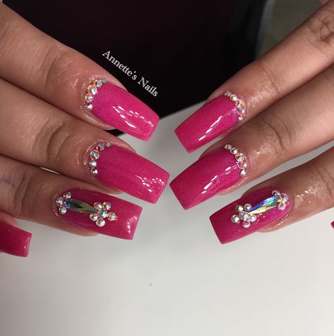 Dark Pink Nails With Rhinestones, Pink Nails With Gems, Nails Pink Acrylic, Nails With Gems, Diamond Nail Designs, Acrylic Nails Ideas, Dark Pink Nails, Ideas For Nails, Candy Nails