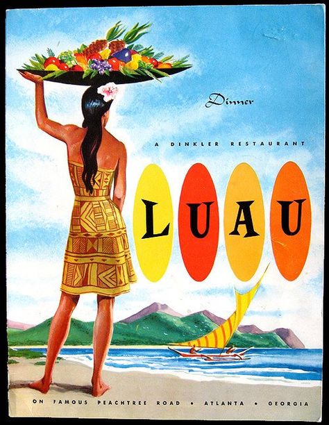 vintage poster Tiki Hawaii, Hawaii Vintage, Polynesian Art, Tiki Lounge, Hawaii Art, Tiki Art, Vintage Aloha, Vintage Menu, Vintage Tiki