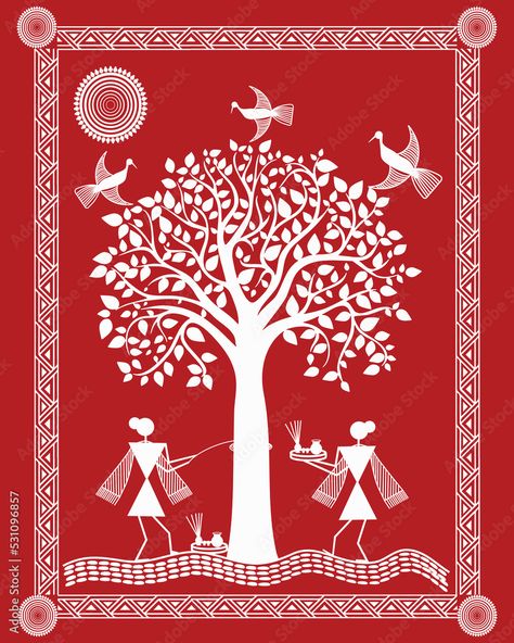 Indian woman celebrations Warli illustration, Wall painting. Traditional Warli Painting, Warily Art, Warli Borders, Warli Painting Ideas On Wall, Warli Art Painting, Vat Purnima, Dark Folklore, Warli Paintings, Worli Painting