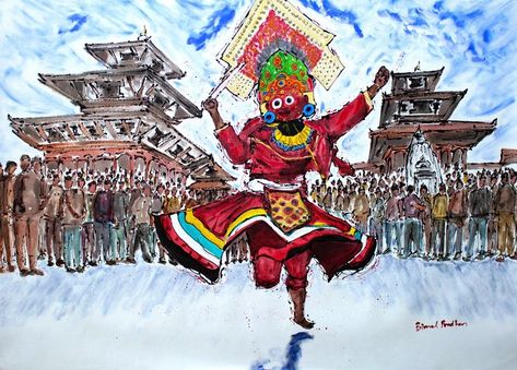 Dance of Indra Jatra, the biggest carnival of Kathmandu, Nepal. acrylic Indra Jatra, Nepali Art, Kathmandu Nepal, Art Competitions, Bob Ross, God Art, Hindu Art, Art Portfolio, Art Project