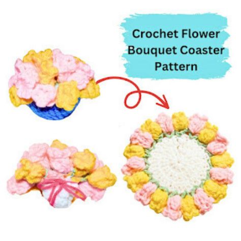 How To Crochet A Flower Bouquet Coaster Pattern Tutorial Crochet Flower Coaster Patterns, Flower Coaster Crochet Pattern Free, Flower Crochet Coaster Free Pattern, Crochet Flower Basket Coaster, Crochet Flower Bouquet Coaster Free Pattern, Crochet A Flower, Crochet Mens Hat, Thanksgiving Crochet, Coaster Pattern