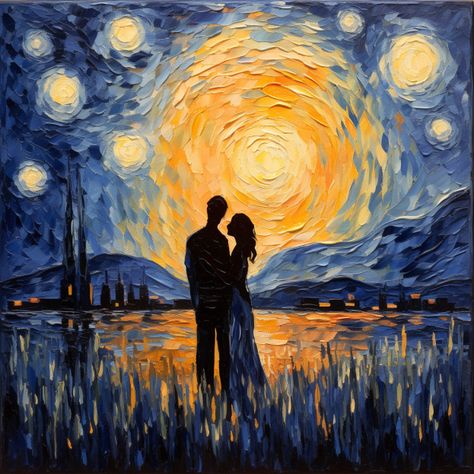 Vincent van Gogh Starry Night Romantic Edition #Starry Night #van gogh #moon #couple #Midjourney #vincent #love #night #ai Van Gogh Moon, Lukisan Van Gogh, Moon Couple, Vincent Van Gogh Starry Night, Starry Night Painting, Handmade Paintings, Romantic Paintings, Arte Van Gogh, Beautiful Art Paintings