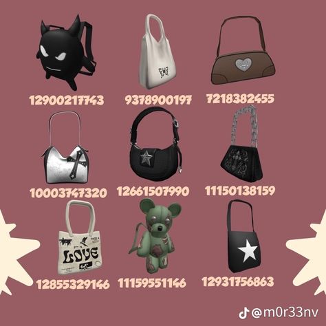 Roblox Bag Codes, Roblox Accessories, Modern Decals, Korean Kids, Aesthetic Bag, Roblox Code, Aesthetic Bags, Berry Ave, Preppy Aesthetic