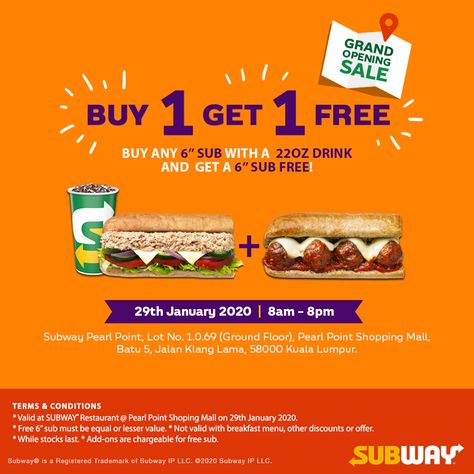 Subway Pearl Point Opening Promotion Buy 1 Get 1 FREE on 29 January 2020 Buy One Get One Free Promotion Design, Promotion Food Design, Buy 1 Get 1 Free Design Poster Food, Buy One Get One Free Ads, Buy1get1free Design, Buy 1 Take 1 Poster Design, Promo Design Ideas, Buy One Get One Free Poster Design, Food Promo Design