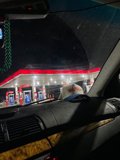 Cars At Gas Station Night, Buying Gas In Car, Service Station Aesthetic, Low Gas In Car At Night, Car At Gas Station At Night, Gas Station At Night Aesthetic, Night Trip Car, Flat Tire Pictures At Night, Late Night Gas Station Aesthetic