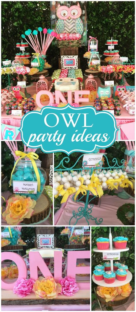 What a sweet owl themed birthday party! See more party ideas at CatchMyParty.com! Look Whoos Turning One, Look Whoos Turning Two, Owl Birthday Decorations, Owl Party Decorations, Owl Themed Birthday Party, Owl First Birthday, Owl Themed Parties, Owl Birthday Party, Birthday Owl