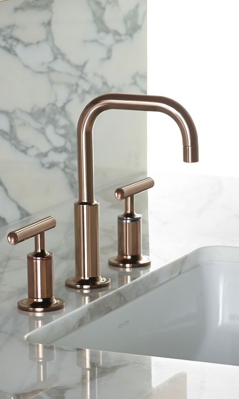 Mark Bickerstaffe on Bathroom Trends Tall Bathroom Faucet, Gold Kitchen Fixtures, Powder Bathrooms, Barn Wood Bathroom, Black Bathroom Fixtures, Bathroom Brass, Rustic Toilets, Kohler Purist, Vanity Counter