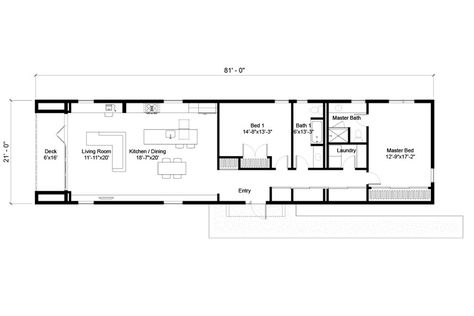 Plan #497-25 - Houseplans.com Rectangle House Plans, Narrow House Plans, Shotgun House, Affordable House Plans, 2 Bedroom House Plans, Long House, Apartment Floor Plan, Small Modern Home, Small House Floor Plans