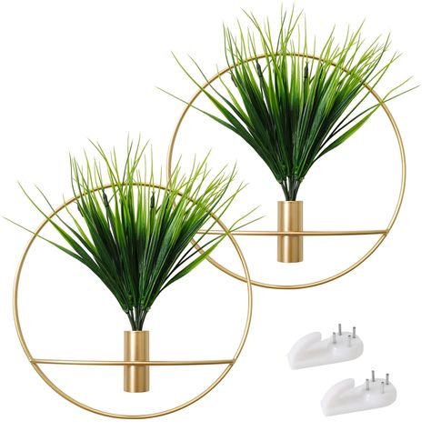 PRICES MAY VARY. Package Contains: 2 pcs gold metal round rings, 2 pcs artificial grass and 2 non-marking hooks. Rich in combination to meet your display needs and bringing you a sense of comfort at home. Larger Size: The diameter of the metal hanging ring is increased to 25 cm/9.8 inch, which looks more generous and beautiful. The straightened length of artificial grass is 30 cm/11.8 inch, and the perfect match with the golden metal hanging ring adds green and luxury to the walls of your room. Gold Livingroom Accessories, Greenery Rings Hanging, Wall Decor Living Room Modern, Vertical Wall Planters, Gold Wall Decor, Deco Studio, Wall Decor For Bedroom, Metal Wall Hangings, Wall Vase