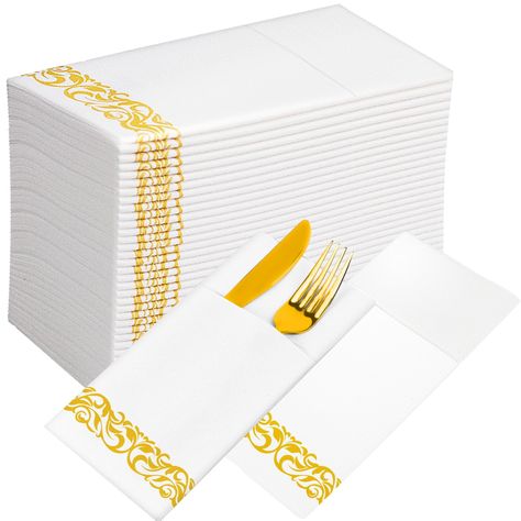 PRICES MAY VARY. 【Premium Quality Disposable Hand Towels】Premium decorative disposable gold napkins are made from cloth-like paper that looks and feels softer and more absorbent than traditional paper towels, make any event unique with our beautiful gold napkins And special, disposable, no cleanup required! 【Fancy Tissues with Pockets】 White napkins with gold trim, combined with innovative design, the gold disposable napkins with pockets can easily hold cutlery and are more delicate than ordinar Wedding Napkin Folding, Fancy Lunches, Paper Napkins Wedding, Guest Hand Towels, Paper Dinner Napkins, Gold Napkins, White Dinner, White Napkins, Napkin Folding