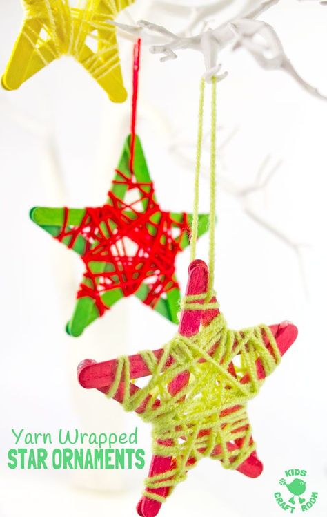 YARN WRAPPED STAR ORNAMENTS are a fun popsicle stick craft to build fine motor skills. They look great hanging on the Christmas tree, as a bedroom mobile or for a Space themed study topic. Juleverksted For Barn, Kids Craft Room, Star Ornaments, Tree Themes, Christmas School, Popsicle Stick Crafts, Preschool Christmas, Easy Christmas Crafts, Kids Ornaments