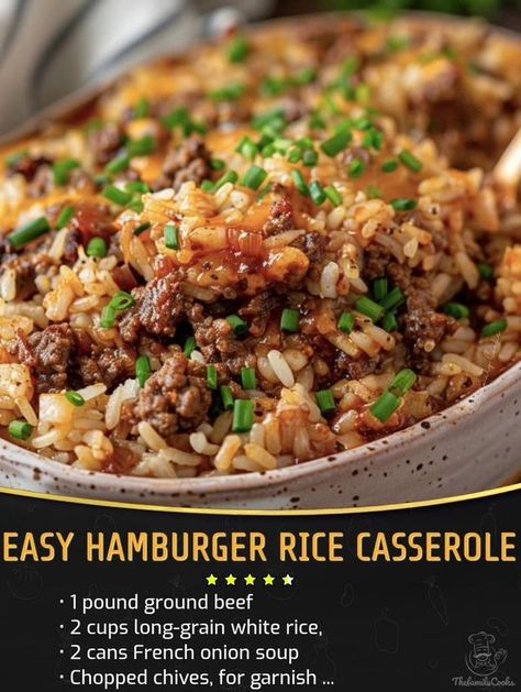 Hamburger Rice Casserole, Hamburger Rice, Easy Hamburger, Rice Side, Rice Side Dishes, Hamburger Meat Recipes, Marinated Beef, Beef Casserole Recipes, Beef And Rice