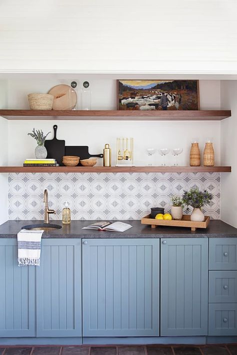 Brooke Wagner Design_Interior Design_Corona del Mar, California | Work (Title) Black Shaker Kitchen, Organized Shelves, Blue Beadboard, Wet Bar Ideas, Wet Bar Cabinets, Fountain House, Black Marble Countertops, Wet Bar Designs, Brooke Wagner Design