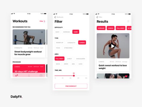 DailyFit Fitness App — filter by Mila Hvostovskaya Web App Ui Design, Gym App, Running App, Hard Yoga, Iphone Ui, Web Application Design, 100 Workout, App Filter, Fit App