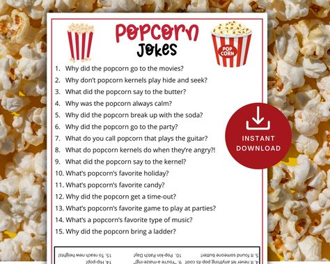 Make your celebration extra fun with these Popcorn jokes with answer key!  Option to print 2 per page to save paper and ink. Perfect for all ages. This is a digital download. Print as many times as you need! You may also enjoy my What's Your Popcorn Name Game. https://www.etsy.com/TheFlooringGirl/listing/1588121381 Perfect for: - Popcorn birthday parties - Baby showers - Movie night - Trivia night - Office Parties - Award ceremonies - Moving/Housewarming Games/Going  Away Parties - Senior Center Popcorn Worksheets, Popcorn Theme Party, Movie Night Games, Popcorn Games, Popcorn Puns, Popcorn Baby Shower, Cub Scout Popcorn, Popcorn Sign, Popcorn Birthday