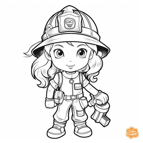 illustration of Friendly firefighter Girl Firefighter, Female Firefighter, Fighter Girl, Boy Coloring, Princess Drawings, Community Helpers, Clipart Black And White, Free Kids, Fire Trucks