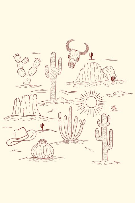 Handdrawn American Desert drawing with cacti, cowboy hats, mountains and sun.  Simple drawing of an american wild west desert scene used for pattern design. Western Doodles Easy, Desert Plants Drawing, Sun Simple Drawing, Mountain Illustration Simple, Western Line Art, Desert Line Art, Western Doodles, Wild West Desert, Country Drawings